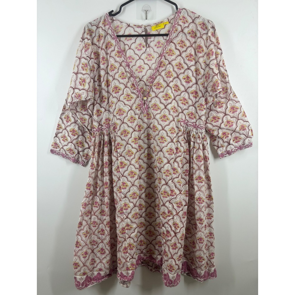 Roller Rabbit Womens Pink Yellow Block Print Cotton Tunic Dress Medium Boho